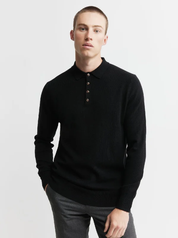 Mens Cashmere Long Sleeve Polo - Black