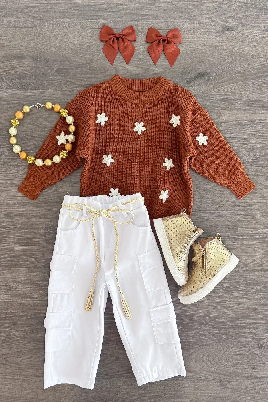 Brown Flower Sweater Cargo Pant Set