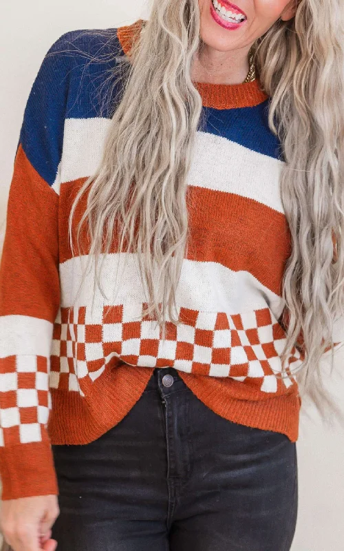 Navy Colorblock Checkerboard Sweater