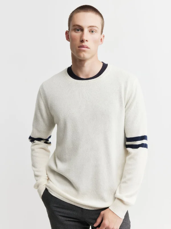 Mens Cashmere Crew Stripe Sleeve - Cream/Navy