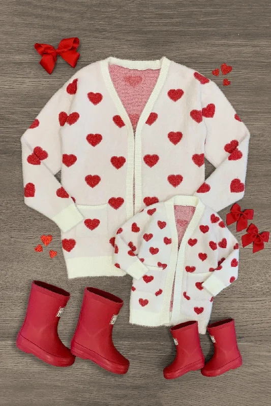 Mom & Me - White & Red Heart Cardigan