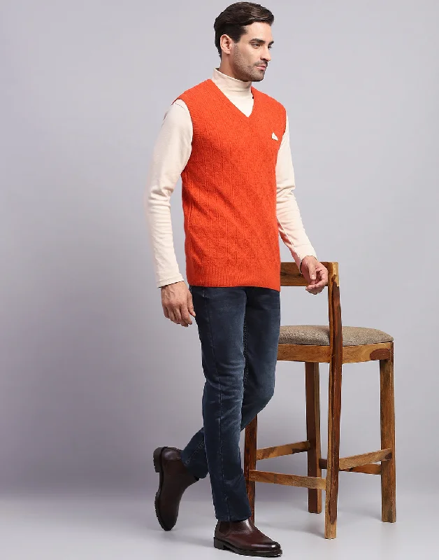 Men Orange Self Design V Neck Sleeveless Sweater