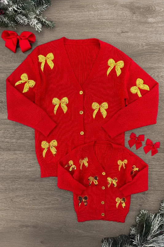 Mom & Me - Red & Gold Bow Sweater Cardigan