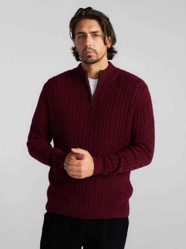 Mens Cashmere Cable 1/4 Zip Sweater - Shiraz/Charcoal