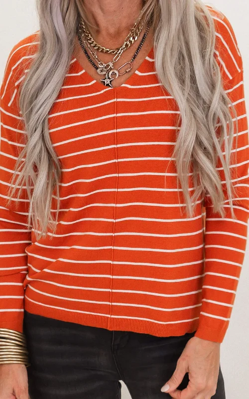 Pumpkin Striped V-Neck Sweater - Final Sale