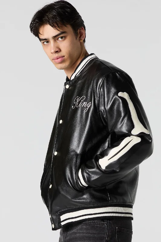 Faux Leather Bone Sleeve Varsity Jacket