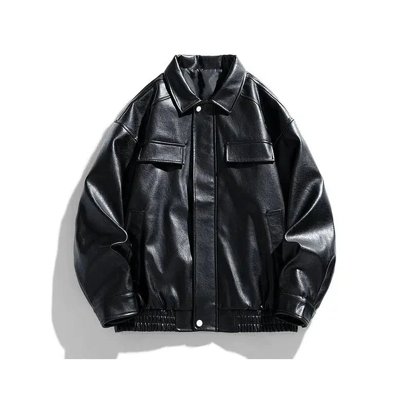 Snap Closure Faux Leather Bomber Jacket