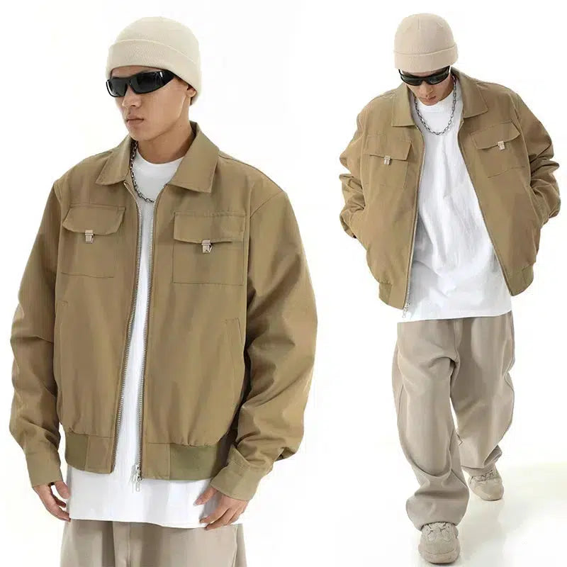 Lapel Versatile Zip-Up Utility Jacket