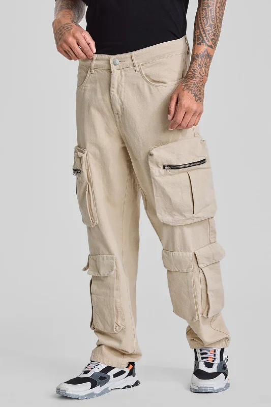 Beige Baggy Fit Cargo Jeans