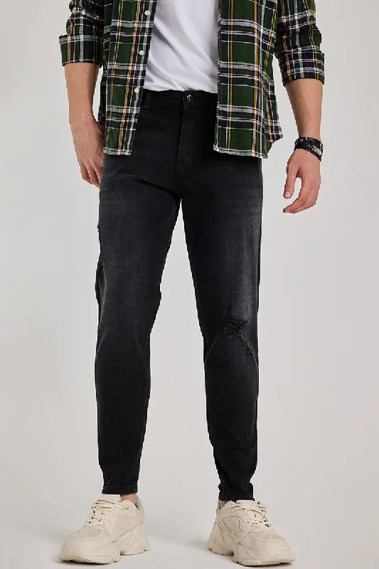 Black Distressed Tapered Fit Jeans