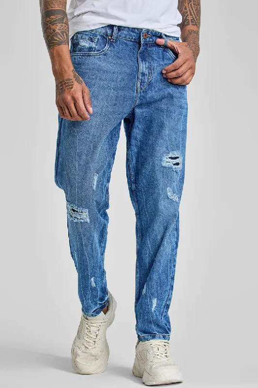 Blue Distressed Baggy Fit Jeans