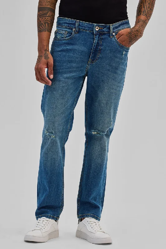 Blue Distressed Regular Fit Jeans