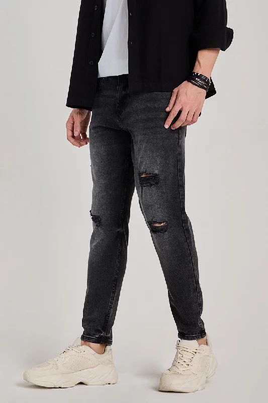 Charcoal Grey Distressed Tapered Fit Jeans