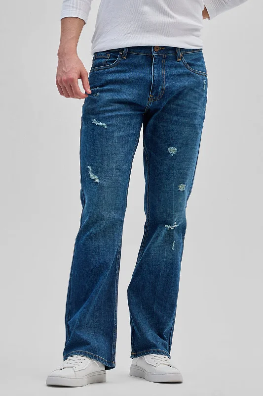 Denim Blue Distressed Bootcut Jeans