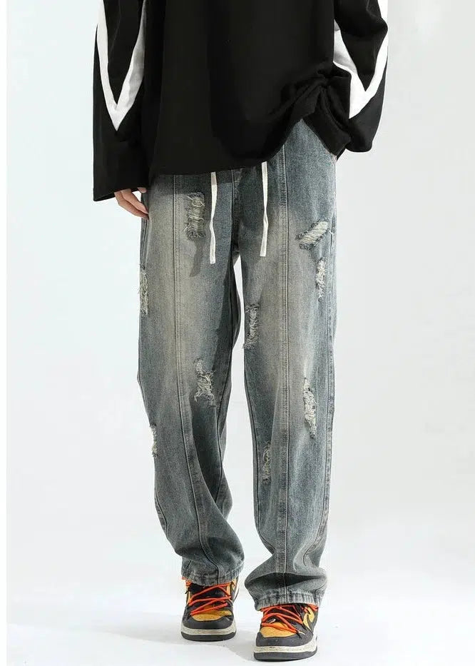 Elastic Drawstring Ripped Straight Jeans