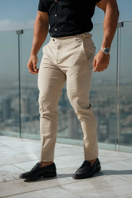 Father Sons Slim Formal Beige Stretch Pants With Gold Waist Adjusters - FST017