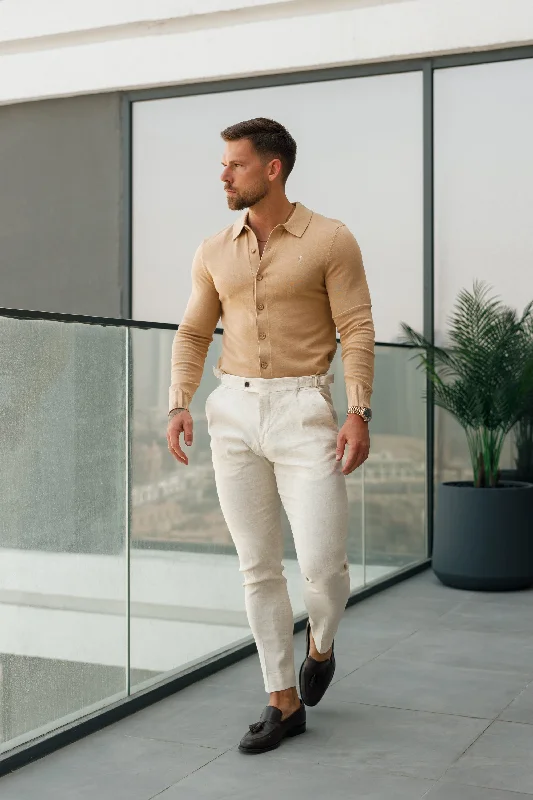 FatherSons Slim Formal Cream Linen Trousers With Side Adjusters - FST020