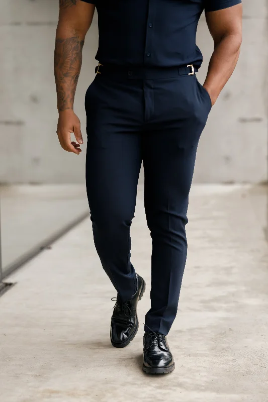 Father Sons Slim Formal Navy Stretch Pants With Gold Waist Adjusters - FST016