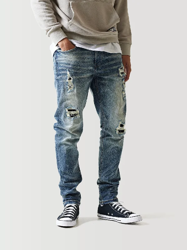 Sustainable Premium Ripped Jeans - Mid Blue Slub