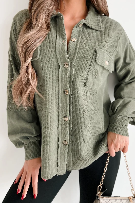 Past & Present Vintage Wash Waffle Shacket (Olive)