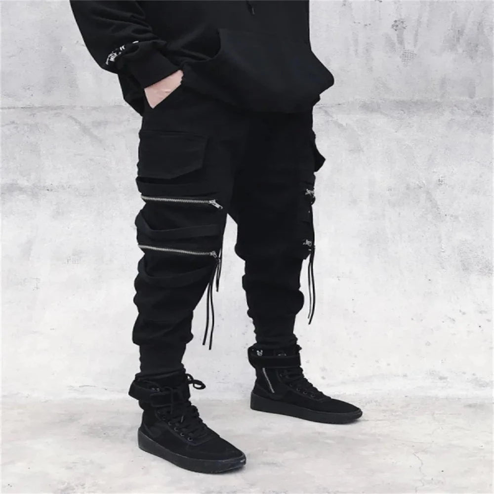 Black Cargo Punk Zipper Ribbons Pants