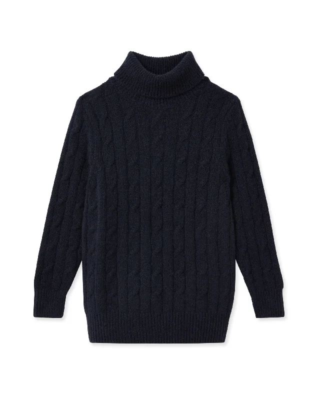 Boys Cable Turtle Neck Cashmere Sweater Navy Blue