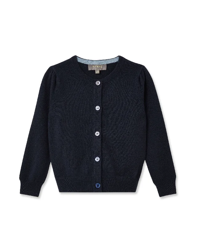 Girls Round Neck Cashmere Cardigan Navy Blue