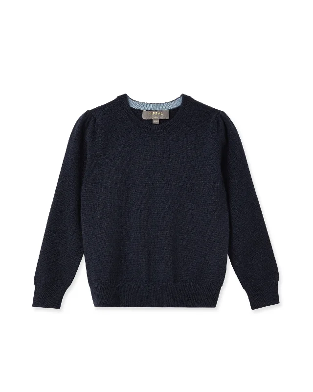 Girls Round Neck Cashmere Sweater Navy Blue