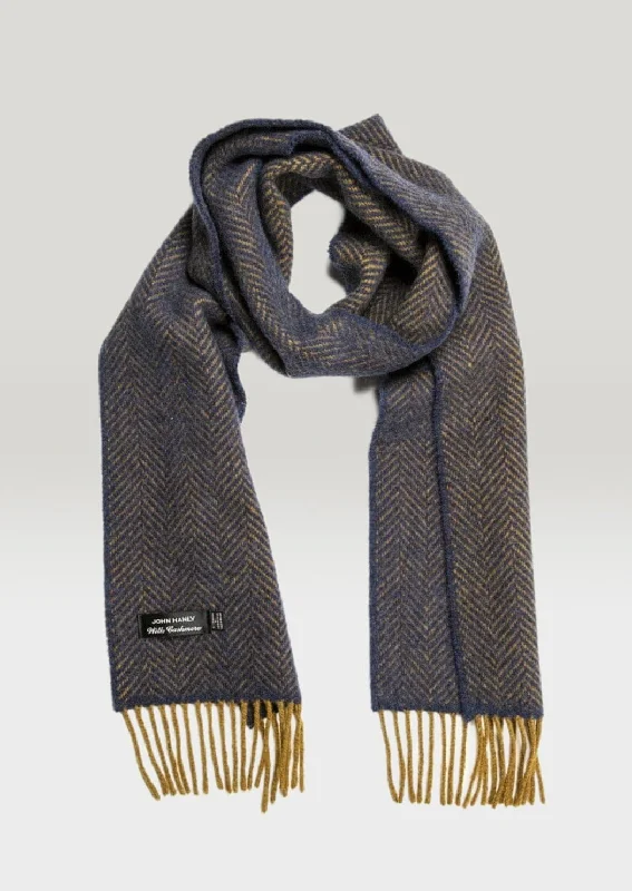 Cashmere Merino Scarf | Navy Mustard Herringbone