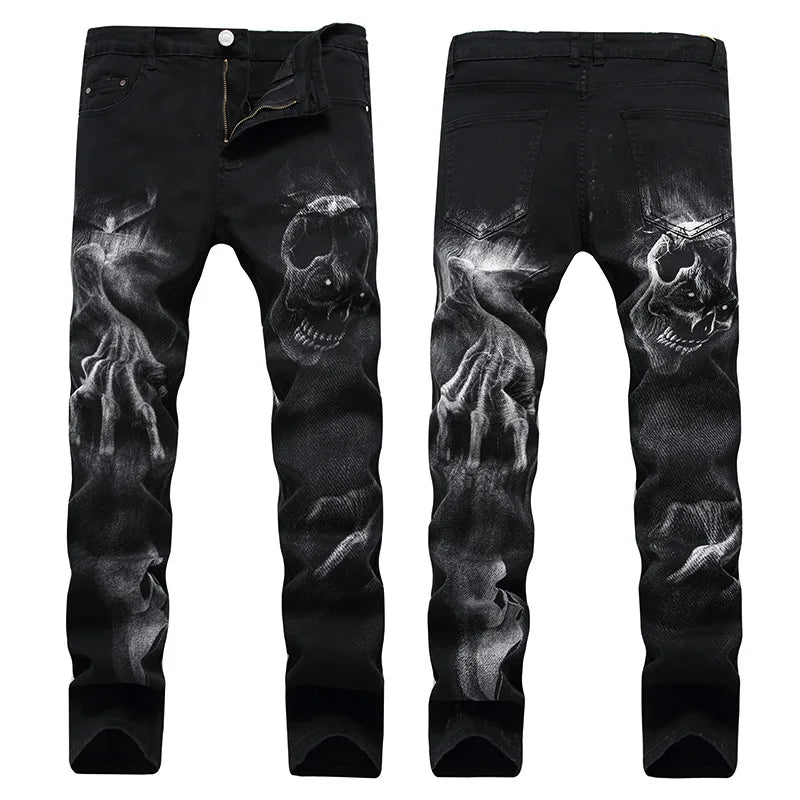 Men's Dark Streetwear Skull Print Vintage  Jeans