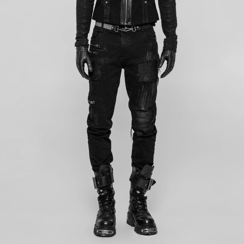 Men's Gothic Black Twill With Stitching Patches and Zip Features Pants