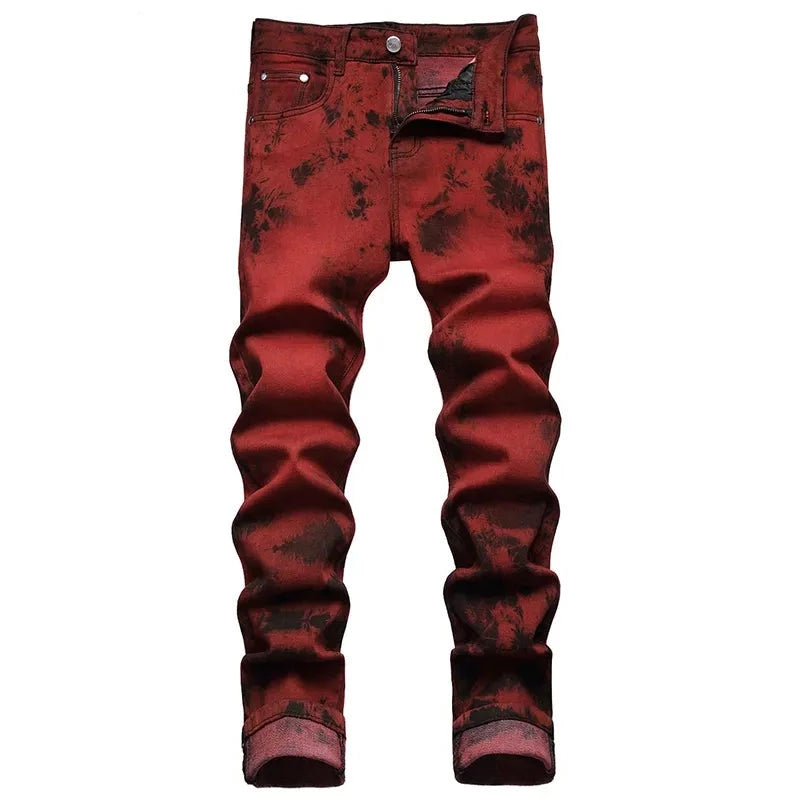 Mens Tie Dye Snow Wash Brick Red Denim Casual Pants