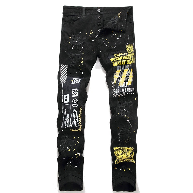 Punk Style Men's Black Ripped Embroidery Printed Jeans