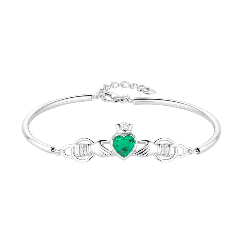 Sterling Silver Green Cz Claddagh Bangle