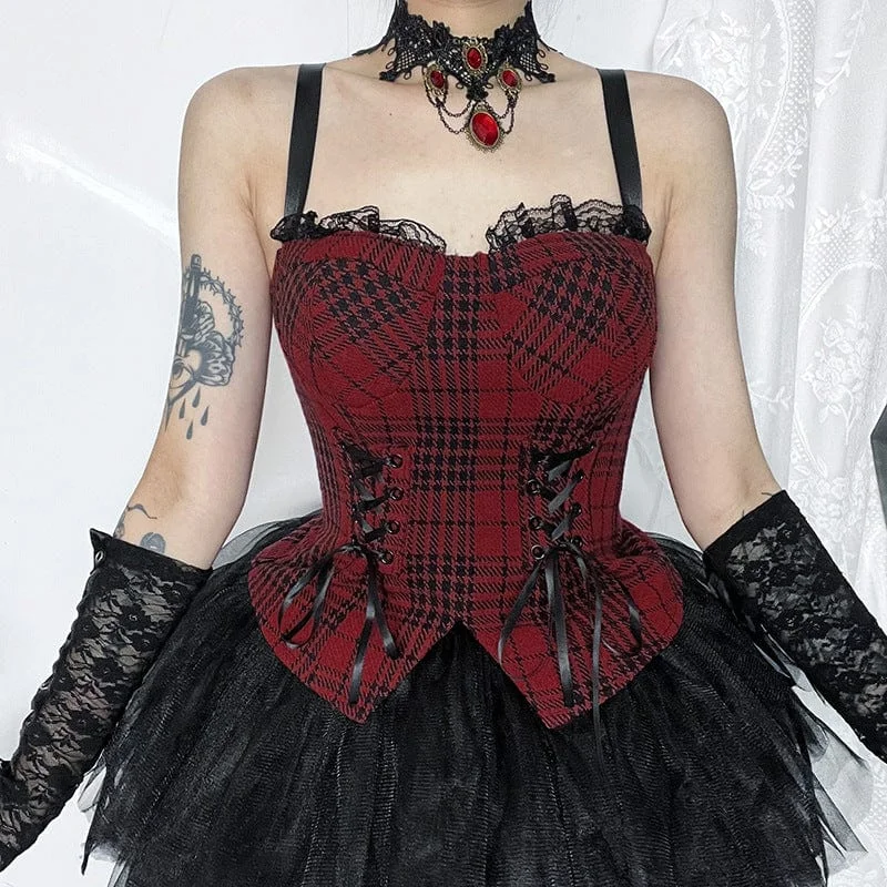 Women's Gothic Lace Splice Split Plaid Tank Top