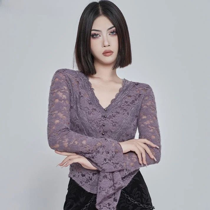 Women's Gothic Plunging Sheer Lace Hem Shirt