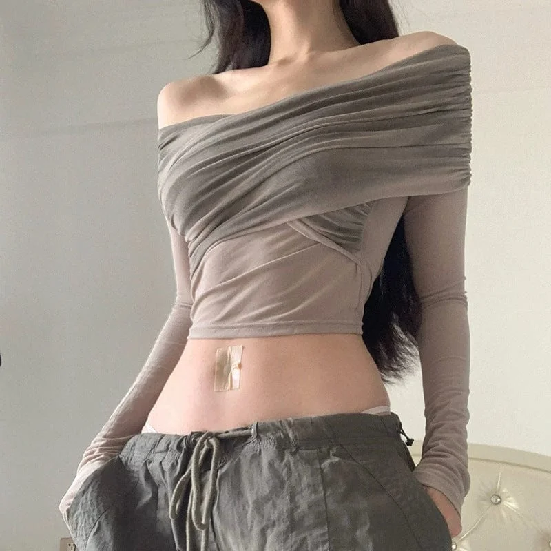 Women's Grunge Off Shoulder Sheer Long Sleeved Crop Top