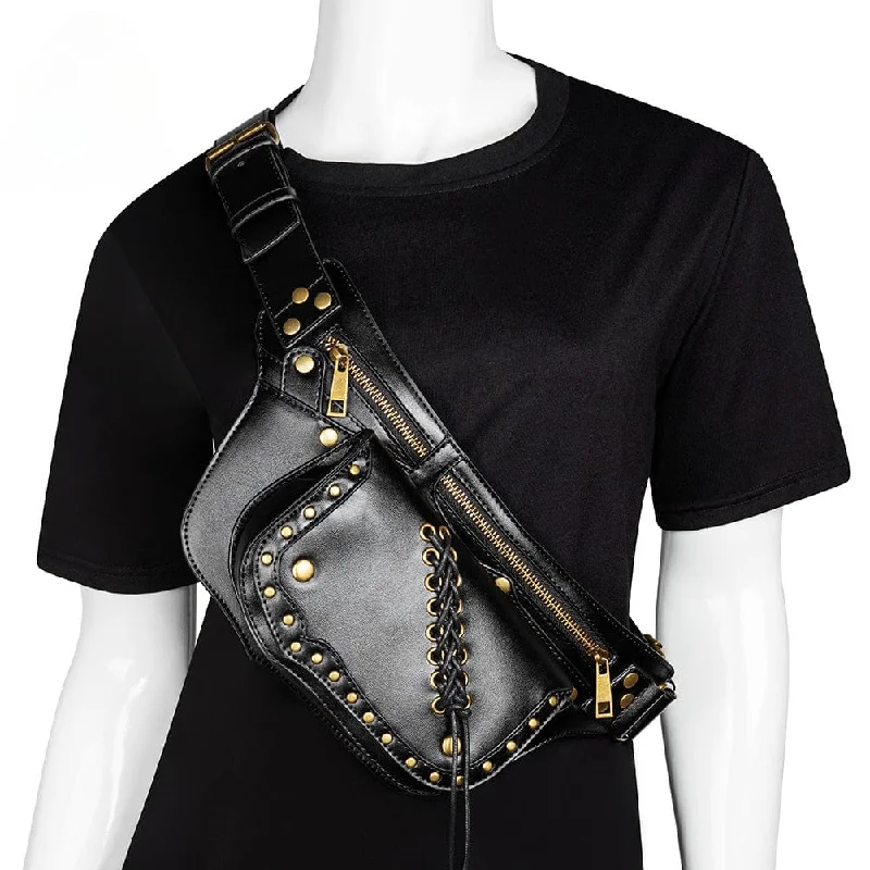 Women's Punk Lacing-up Metal Nails Waist Bag