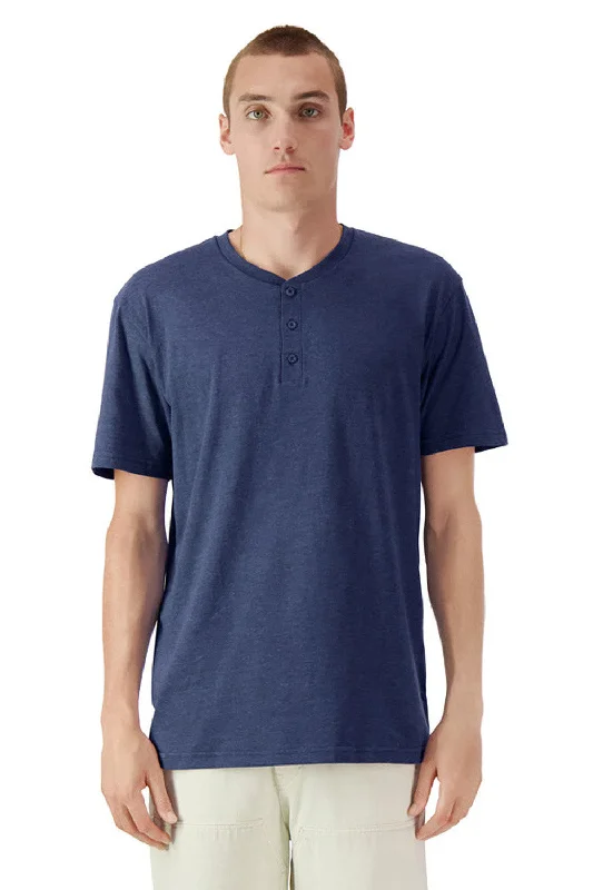 American Apparel Mens CVC Short Sleeve Henley T-Shirt - Heather Indigo