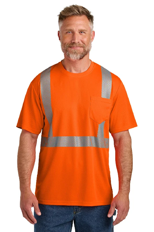 CornerStone Mens ANSI 107 Class 2 Moisture Wicking Short Sleeve Crewneck T-Shirt w/ Pocket - Safety Orange - New