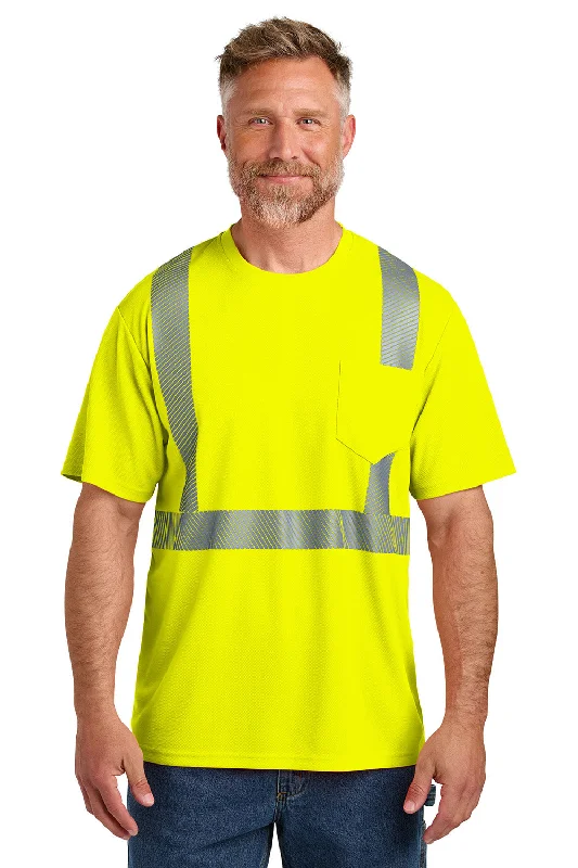 CornerStone Mens ANSI 107 Class 2 Moisture Wicking Short Sleeve Crewneck T-Shirt w/ Pocket - Safety Yellow - New