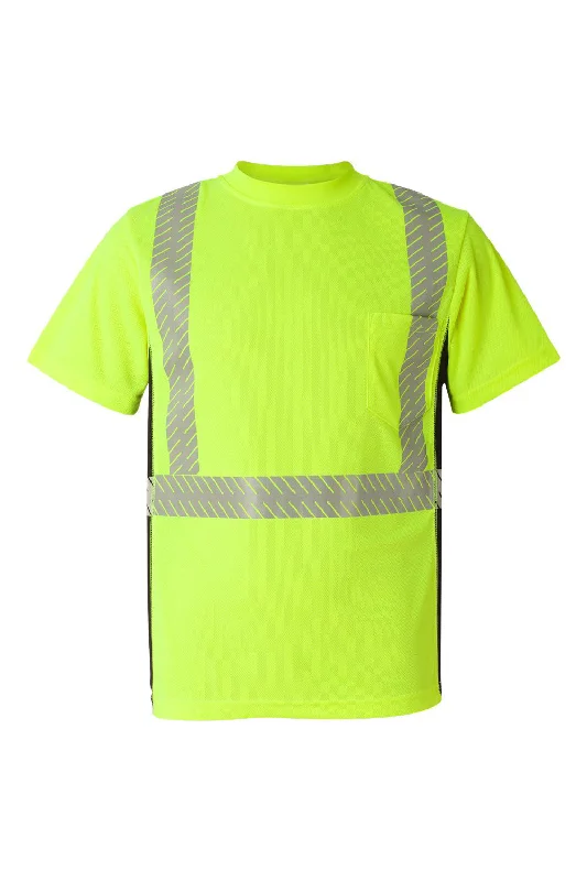 Kishigo Mens Premium Black Series Breathable Moisture Wicking Tape Class 2 Short Sleeve Crewneck T-Shirt w/ Pocket - Lime Green