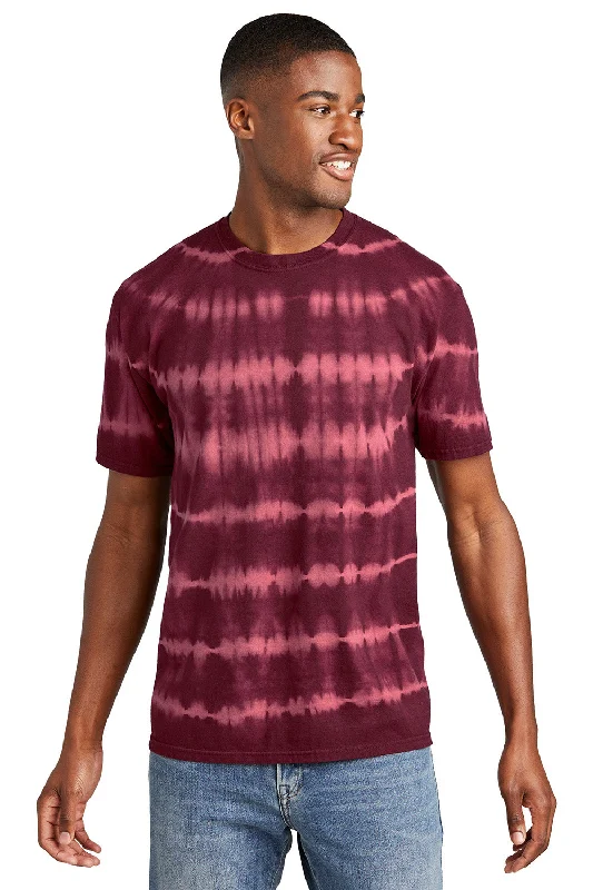 Port & Company Mens Allover Stripe Tie-Dye Short Sleeve Crewneck T-Shirt - Merlot/Burgundy - New