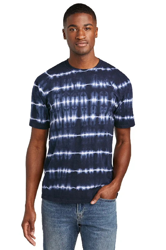 Port & Company Mens Allover Stripe Tie-Dye Short Sleeve Crewneck T-Shirt - True Navy Blue/White - New