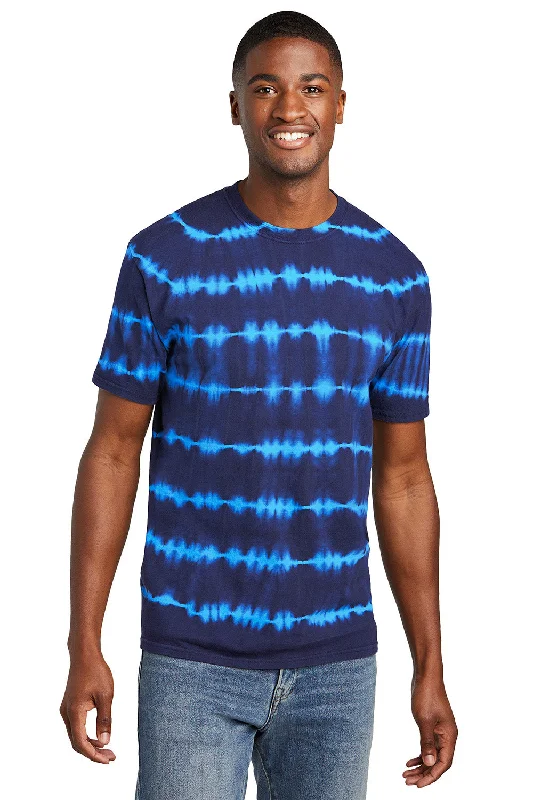 Port & Company Mens Allover Stripe Tie-Dye Short Sleeve Crewneck T-Shirt - Turquoise Blue/Team Navy Blue - New