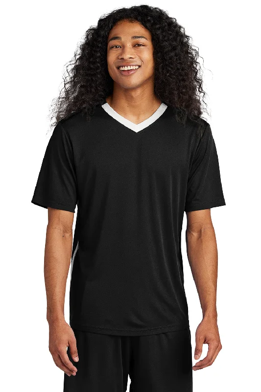 Sport-Tek Mens Moisture Wicking Competitor United Short Sleeve V-Neck T-Shirt - Black/White - New