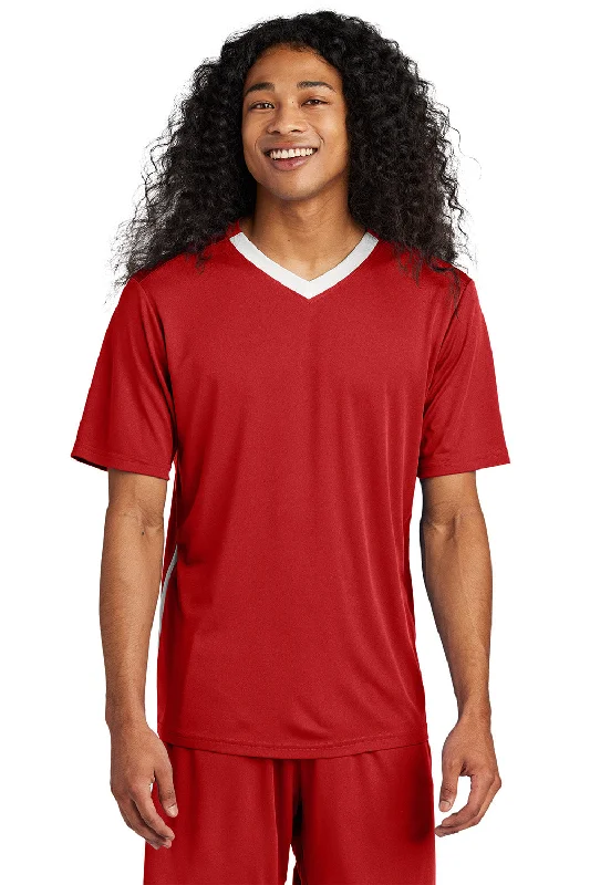 Sport-Tek Mens Moisture Wicking Competitor United Short Sleeve V-Neck T-Shirt - Deep Red/White - New