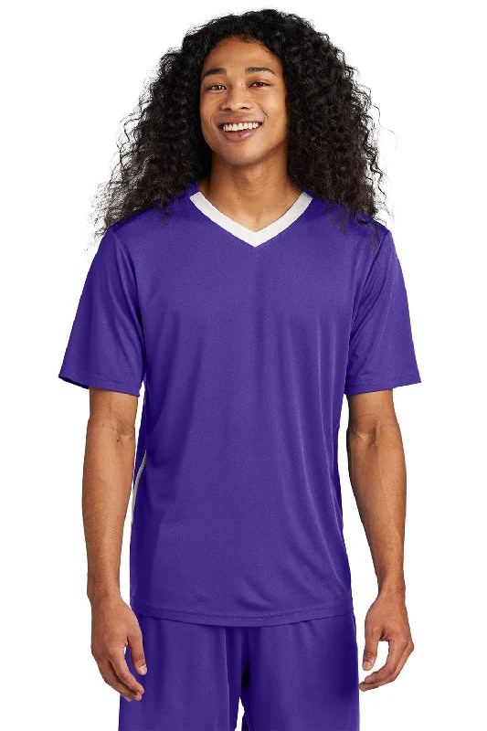 Sport-Tek Mens Moisture Wicking Competitor United Short Sleeve V-Neck T-Shirt - Purple/White - New