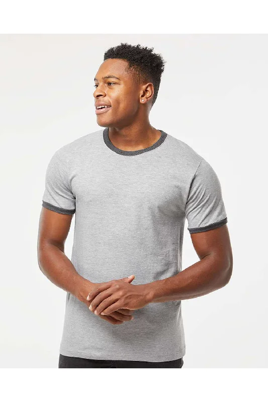 Tultex Mens Fine Jersey Ringer Short Sleeve Crewneck T-Shirt - Heather Grey/Heather Charcoal Grey