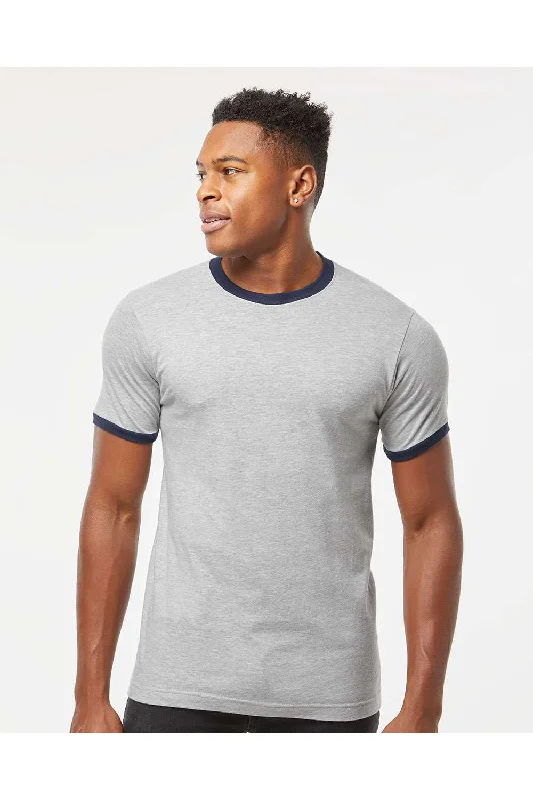 Tultex Mens Fine Jersey Ringer Short Sleeve Crewneck T-Shirt - Heather Grey/Navy Blue